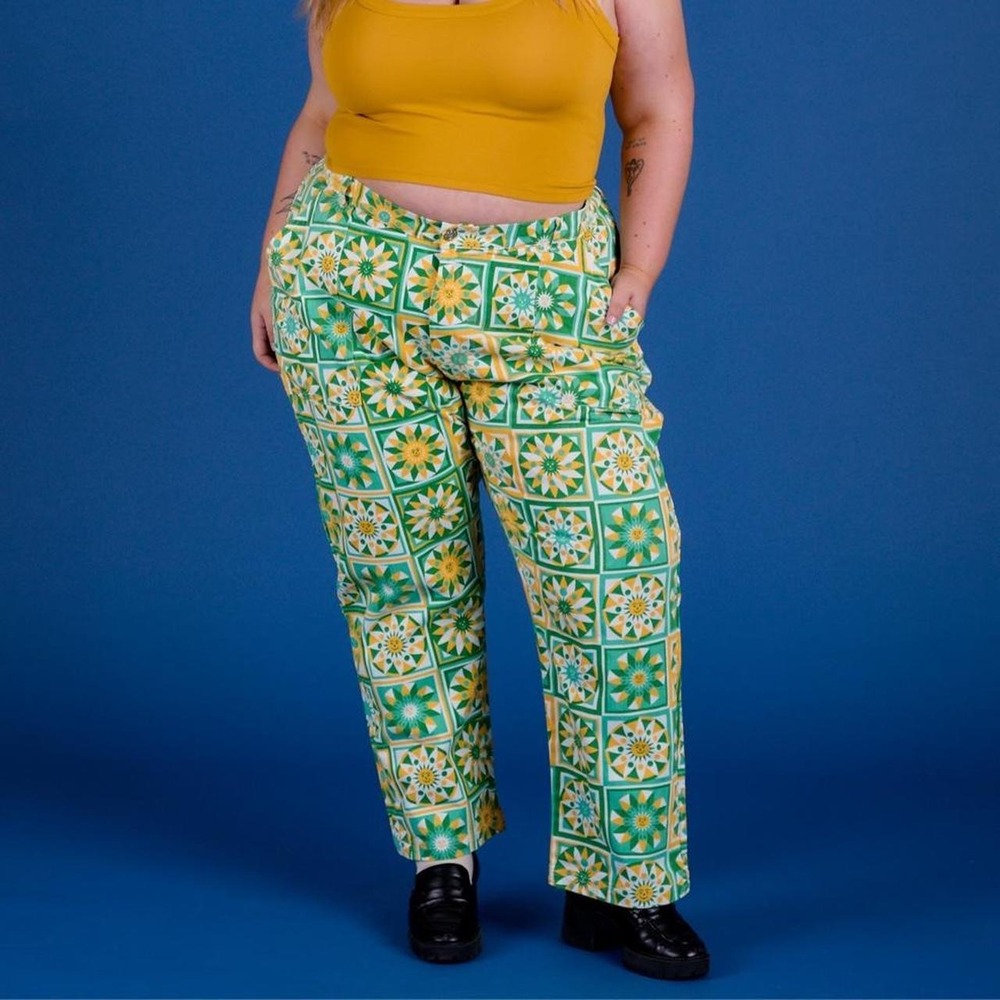 Big Bud Press Spring Quilt Work Pants Women's Plus Size 0XL Cotton Green Yellow